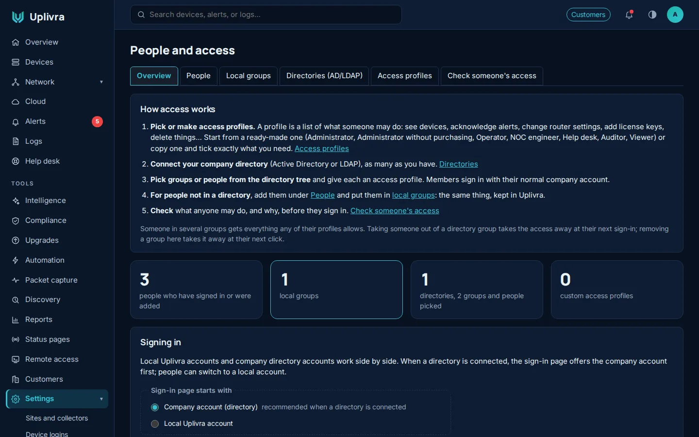 Settings › People and access: profiles, local groups, directories and a checker.