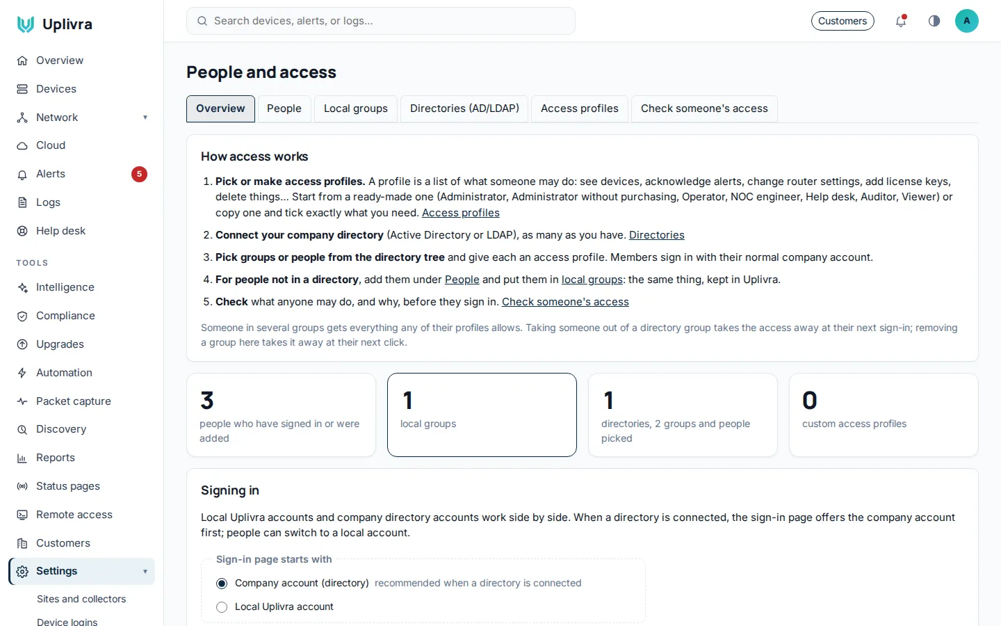 Settings › People and access: profiles, local groups, directories and a checker.