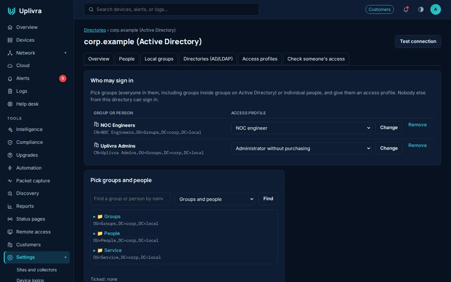 A connected directory: groups picked from the tree, each with an access profile.