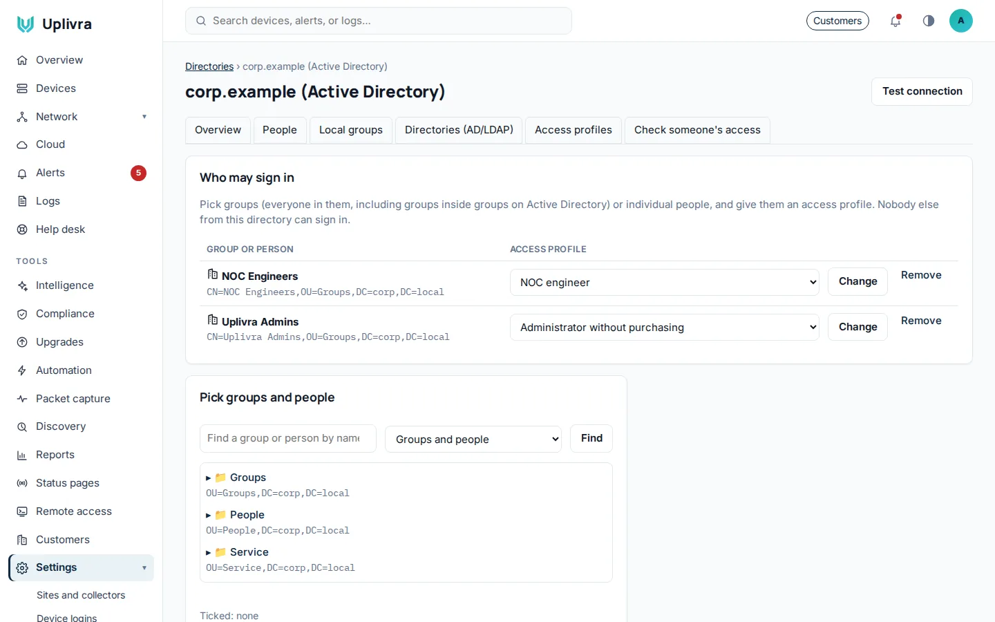 A connected directory: groups picked from the tree, each with an access profile.