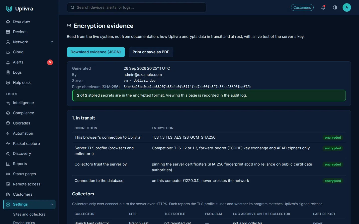 Encryption evidence, read from the live system.