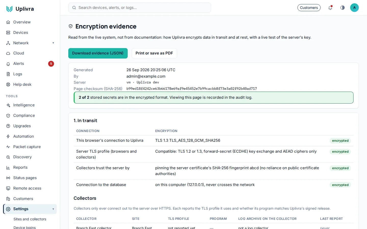 Encryption evidence, read from the live system.